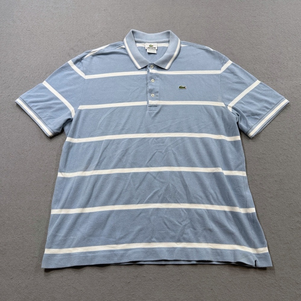 Lacoste Polo Shirt Men's 7 Blue White Striped Pique Cotton Short Sleeve Athletic